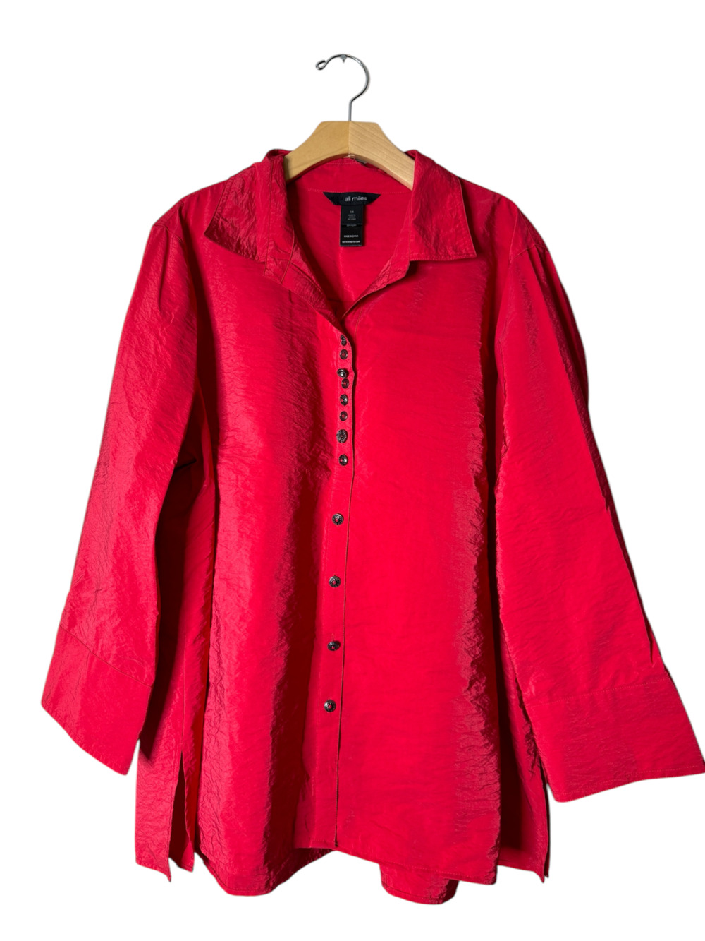 Ali Miles Plus 1X Red Art-to-Wear Button-Up 3/4 Sleeve Collared Shirt